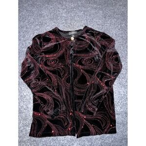 Elementz Womens Small Black Red Glitter Velvet Swirl Open Front Cardigan Jacket